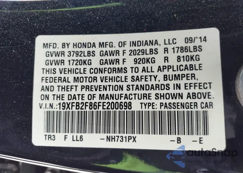 2015 Honda Civic Ex from USA, damaged, VIN 19XFB2F86FE200698